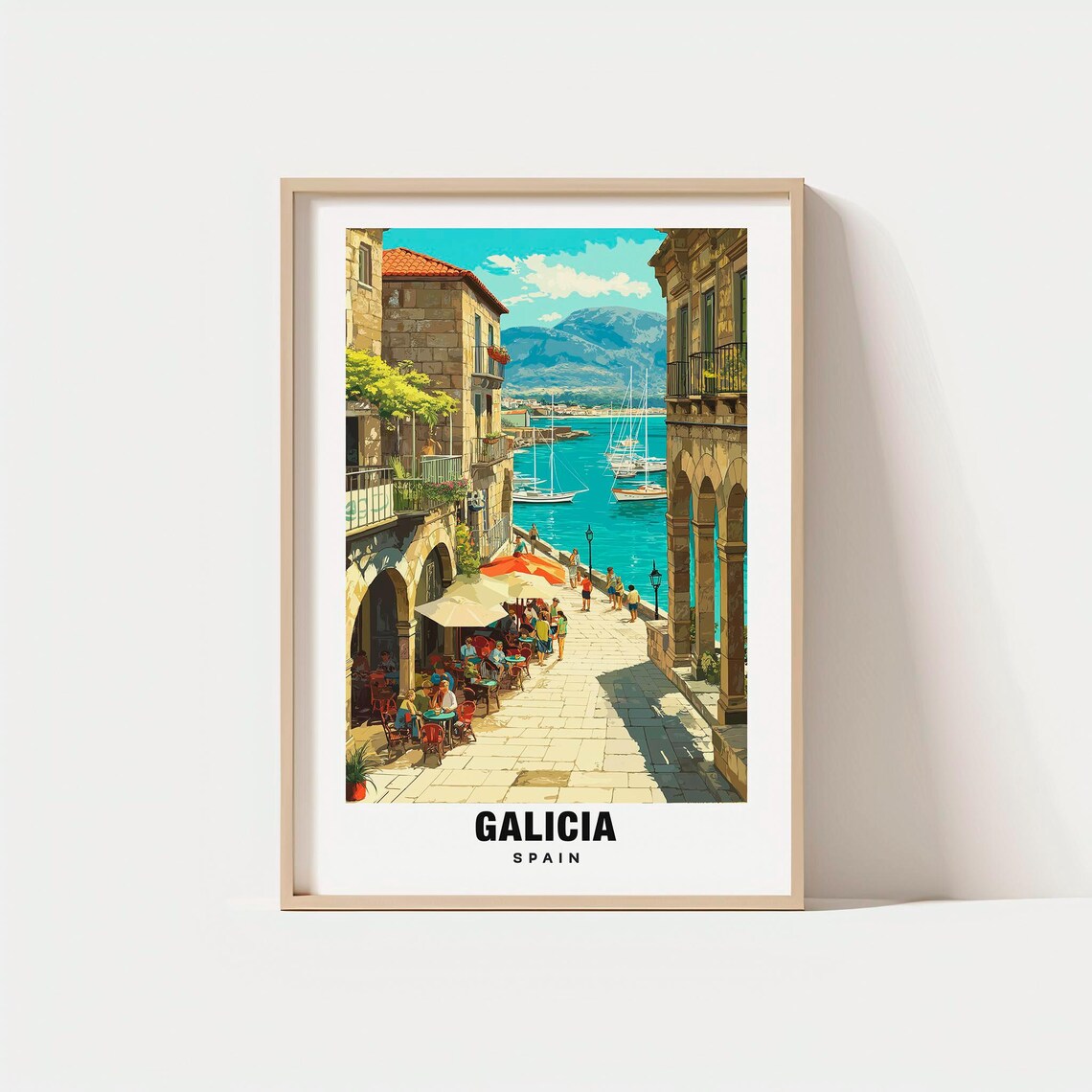 Galicia Spain Sunny Seaside Promenade Street Cafe Scene Poster