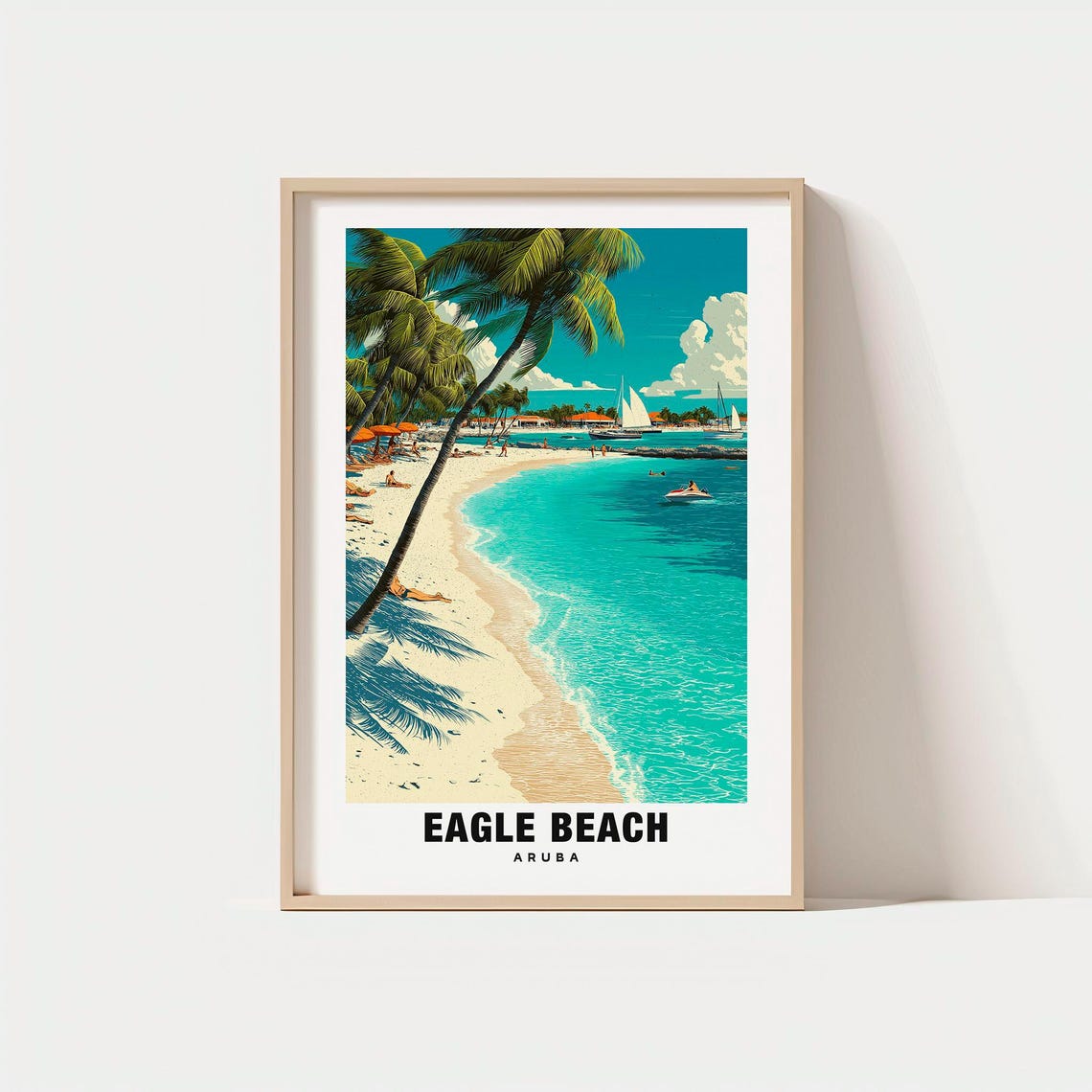 Eagle Beach Aruba Palm Trees White Sand Sails Vintage Travel Poster