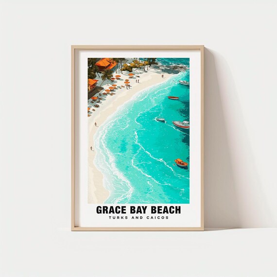 Grace Bay Beach Turks And Caicos Turquoise Waves Vintage Travel Poster