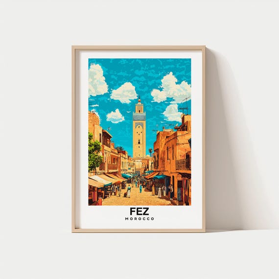 Fez Print Travel Poster Moroccan Art Ancient Medina Historic Architecture Cultural Heritage Vibrant Markets Scenic Views Africa Art