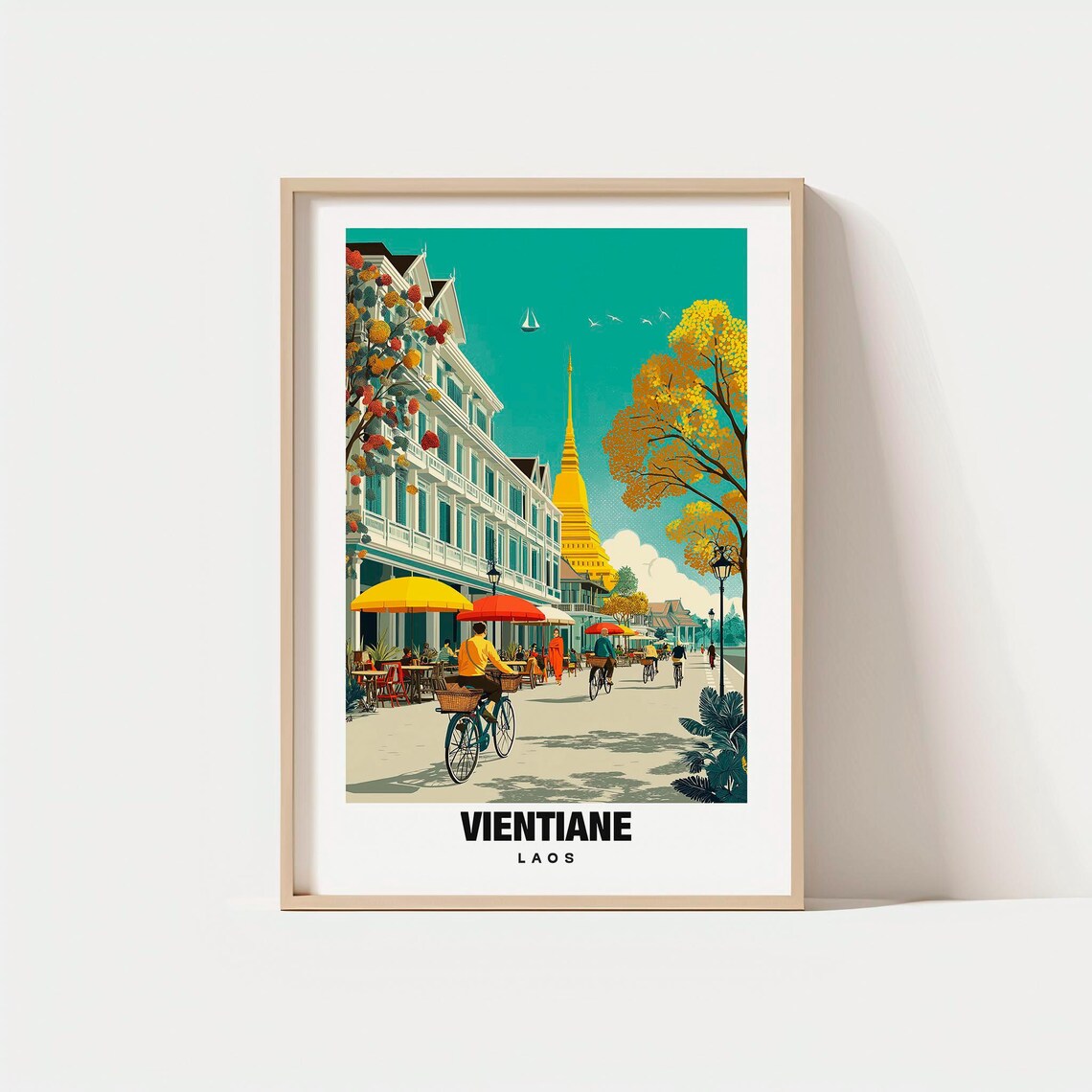 Vientiane Laos Golden Stupa Street Cyclists Vintage Travel Poster