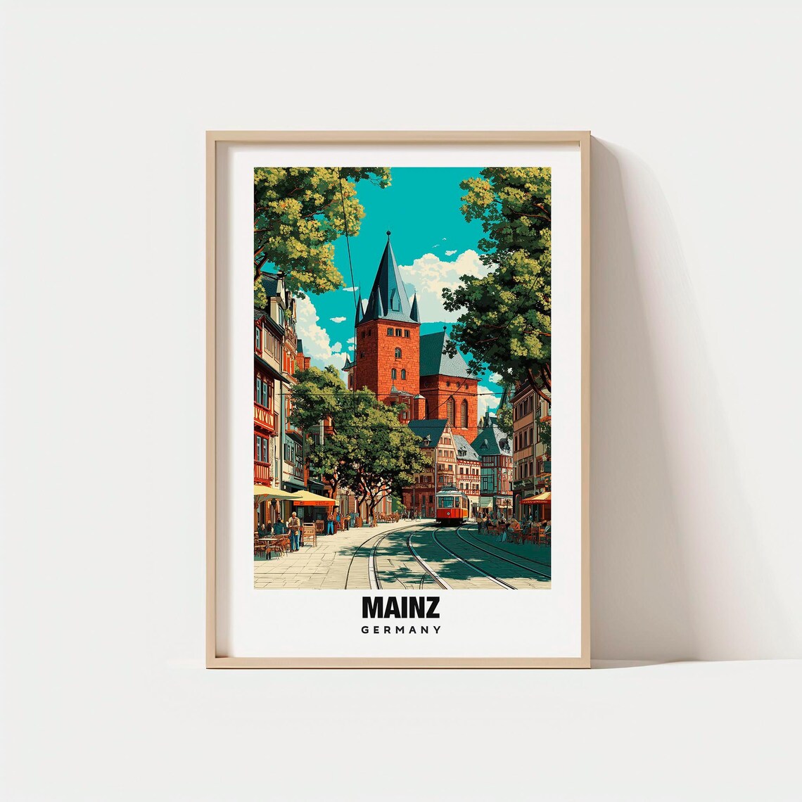 Mainz Germany Cathedral Tram Old Town Street Vintage Travel Poster