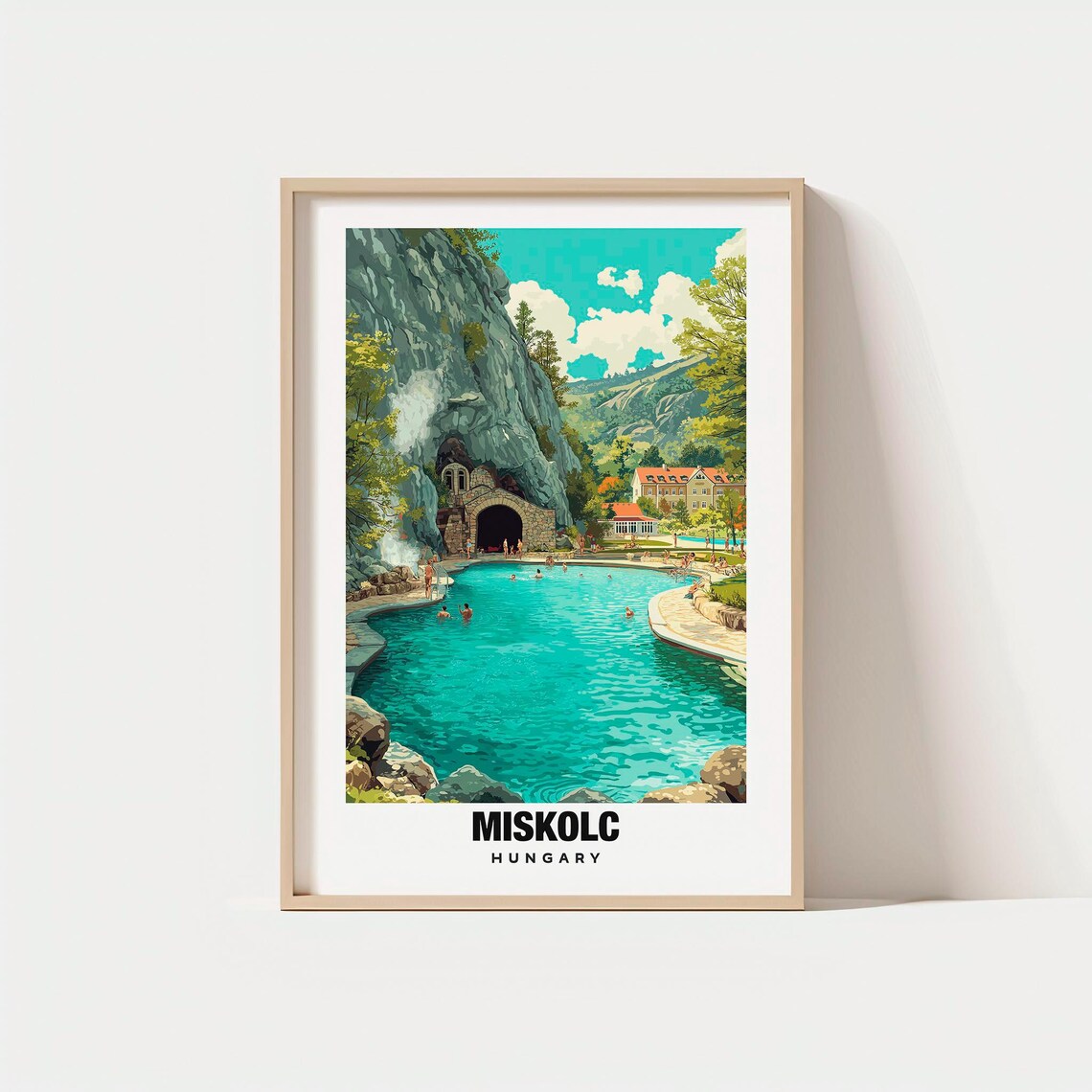 Miskolc Hungary Cave Bath Thermal Pool Grotto Vintage Travel Poster