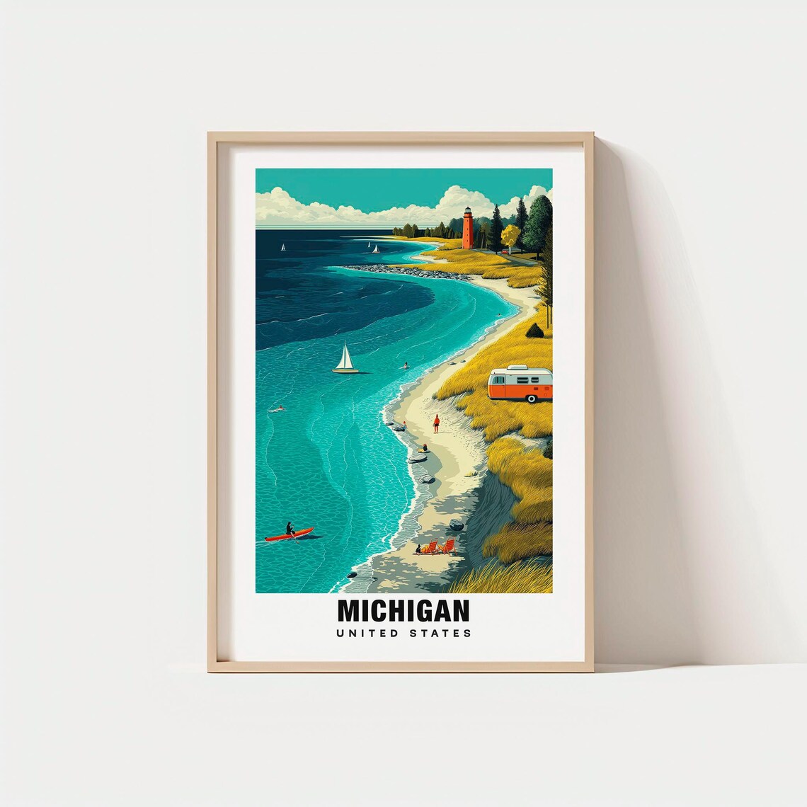 Michigan United States Lighthouse Beach Retro Travel Art Poster
