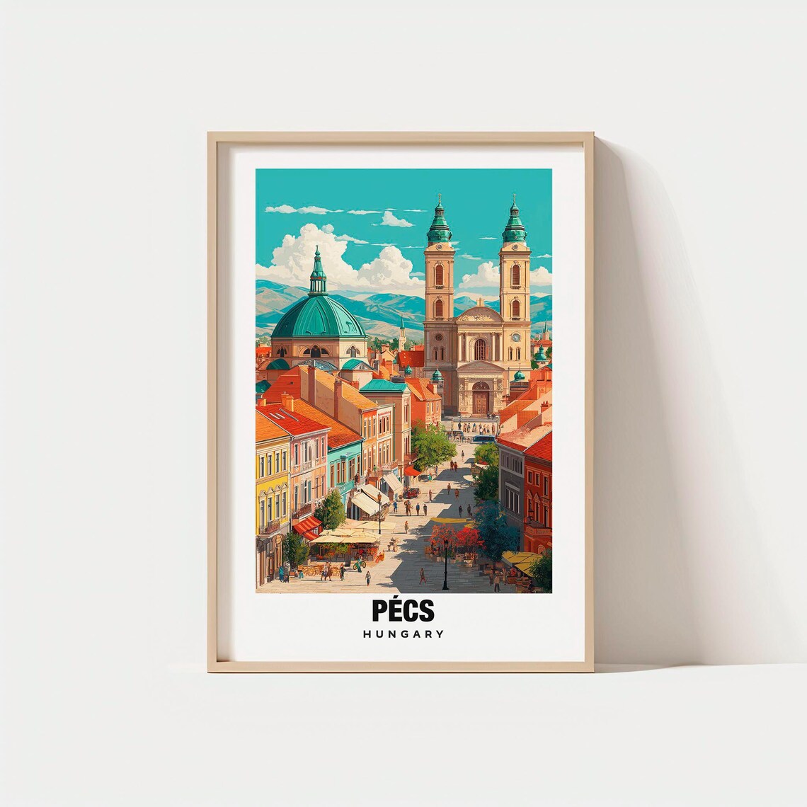 Pecs Hungary Grand Cathedral Twin Towers Bustling City Square Poster