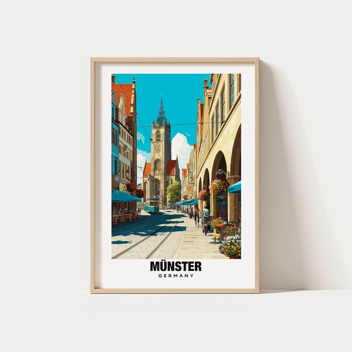 Munster Germany Historic Cathedral Street Tram Vintage Travel Poster