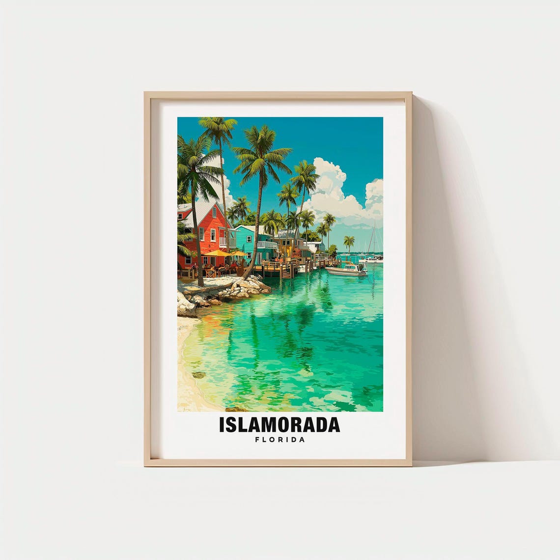 Islamorada Florida Keys Waterfront Palms Boats Vintage Travel Poster