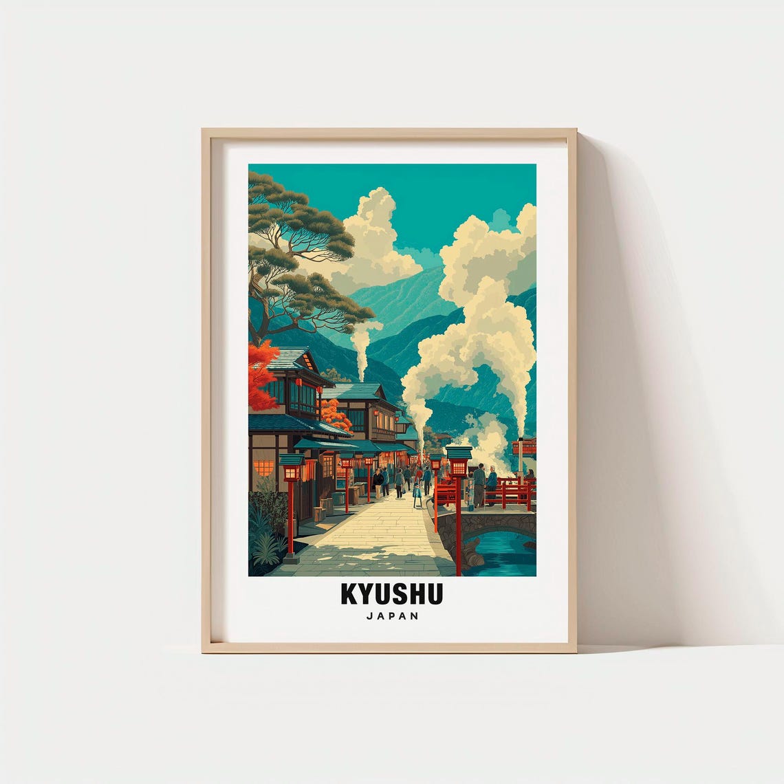 Kyushu Japan Steaming Hot Springs Onsen Town Mountain Scene Poster