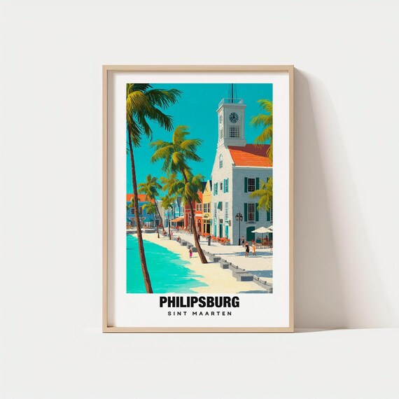 Philipsburg Sint Maarten Beach Boardwalk Clock Tower Travel Poster