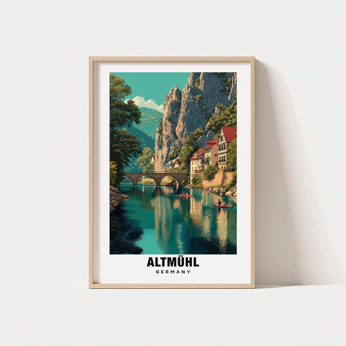 Altmuehl Germany River Valley Travel Poster with Cliffs and Bridge