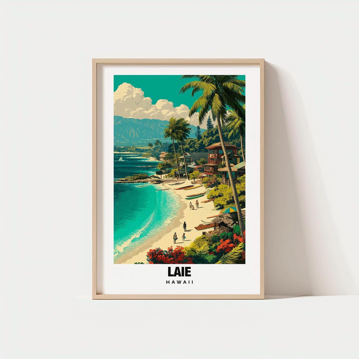 Idyllic Laie Hawaii Beach Outrigger Canoes Palm Trees Travel Poster