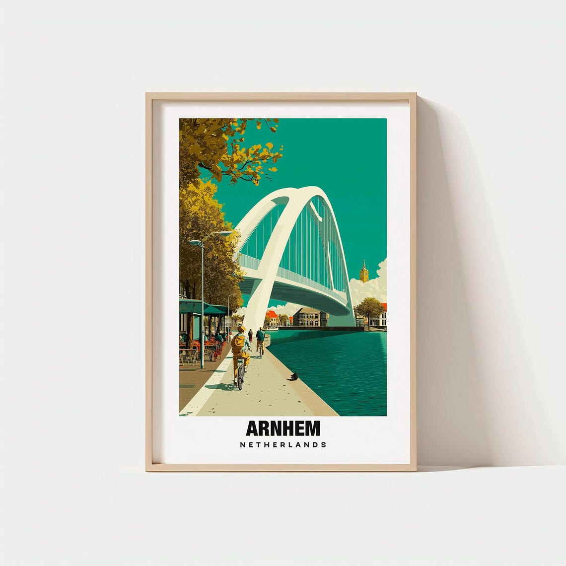Arnhem Netherlands Arched Bridge Riverside Cycling Travel Poster