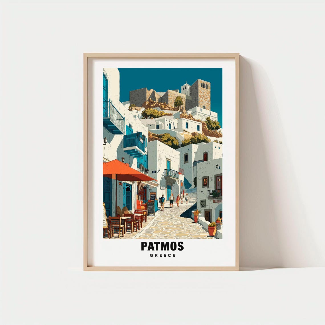 Patmos Greece Whitewashed Village Island Street Cafe Scene Poster