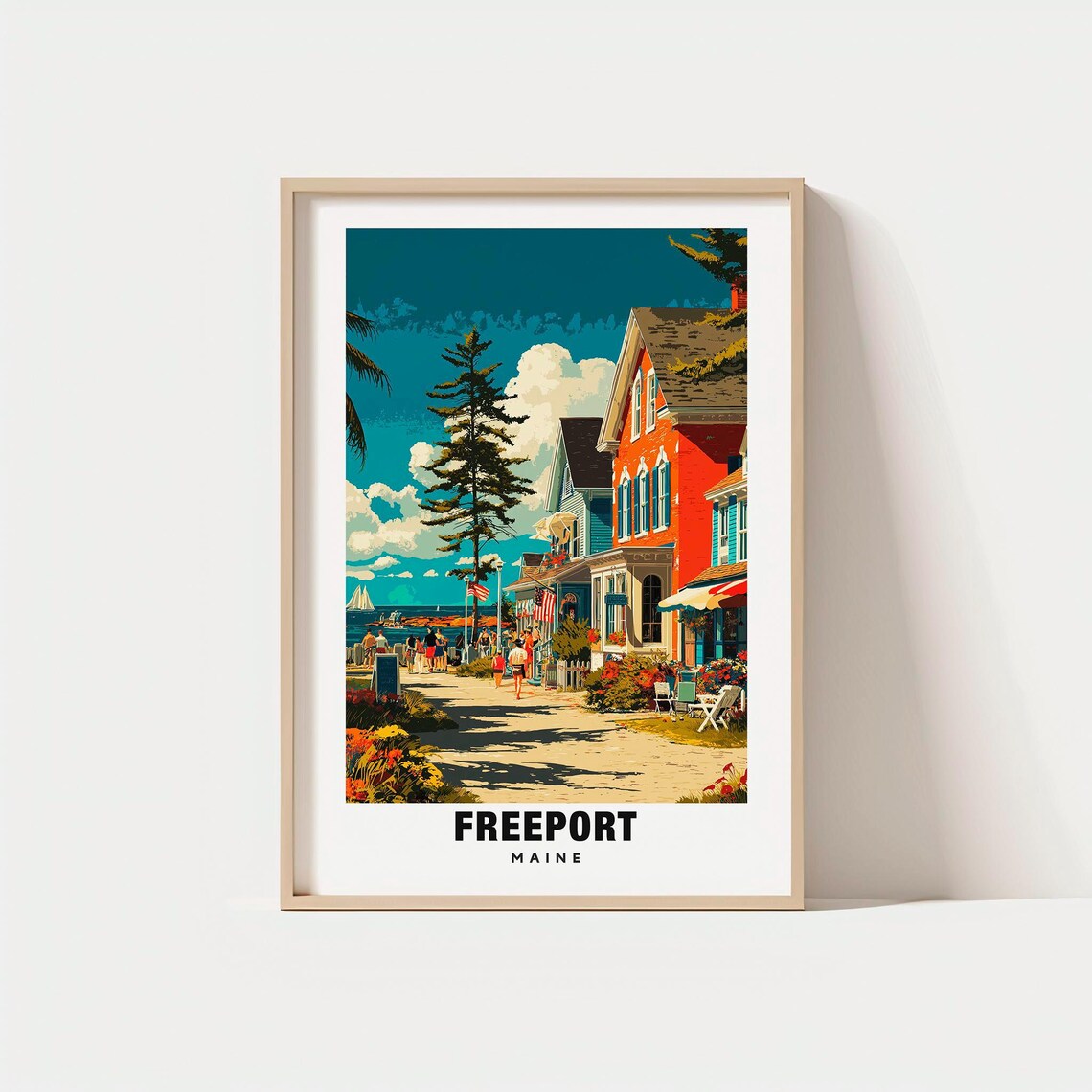 Freeport Maine Coastal Street Sailboat Pine Tree Vintage Travel Poster