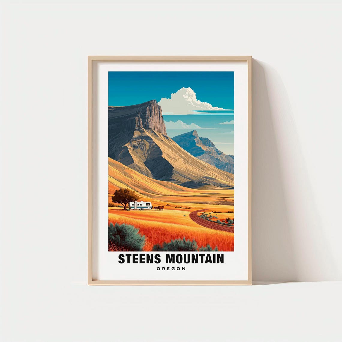 Steens Mountain Oregon Desert Cliffs Camper Horses Travel Poster