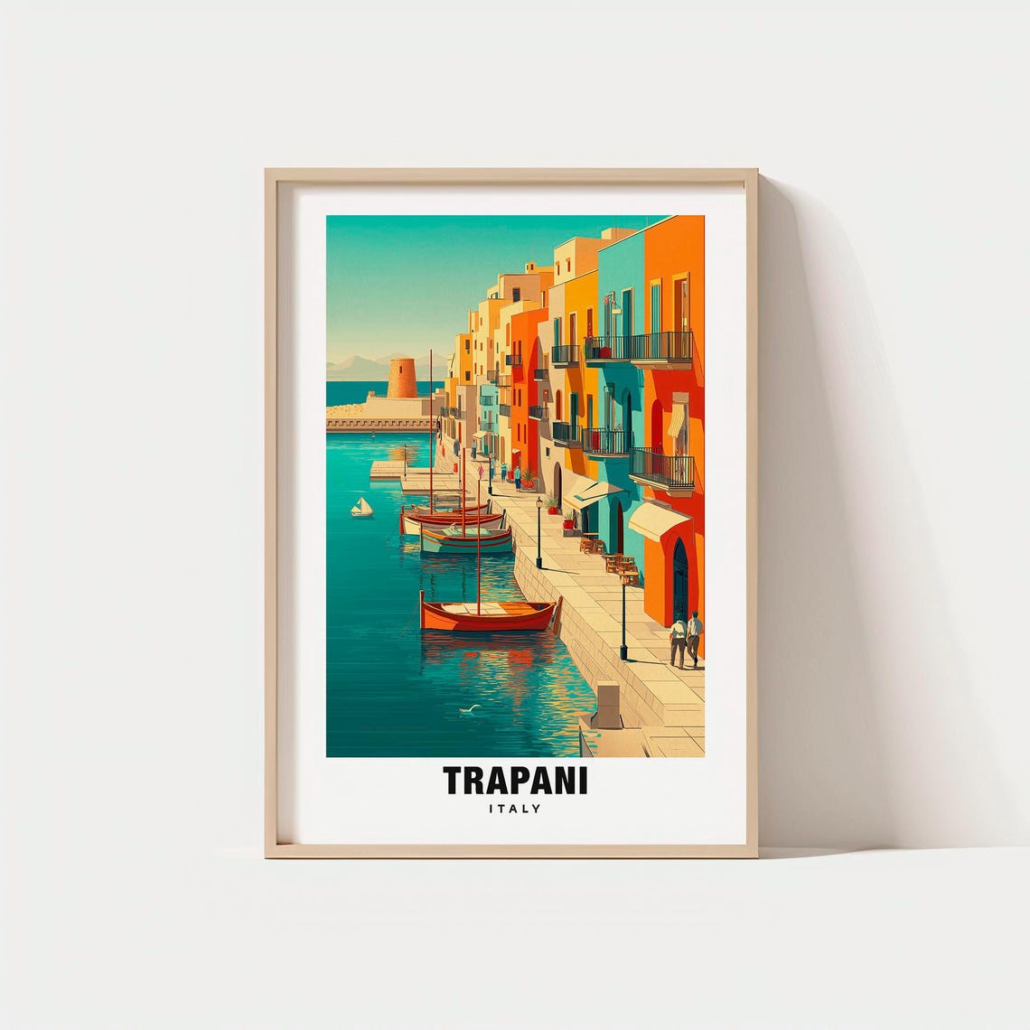 Trapani Italy Sicily Colorful Harbor Waterfront Travel Poster