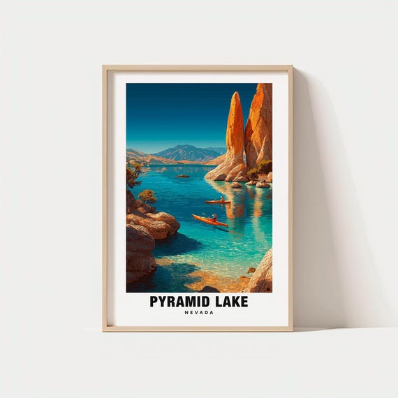Pyramid Lake Print Nevada Poster Scenic Views Travel Art Desert Charm Tranquil Waters Mountain Backdrop Nature Escape Beauty