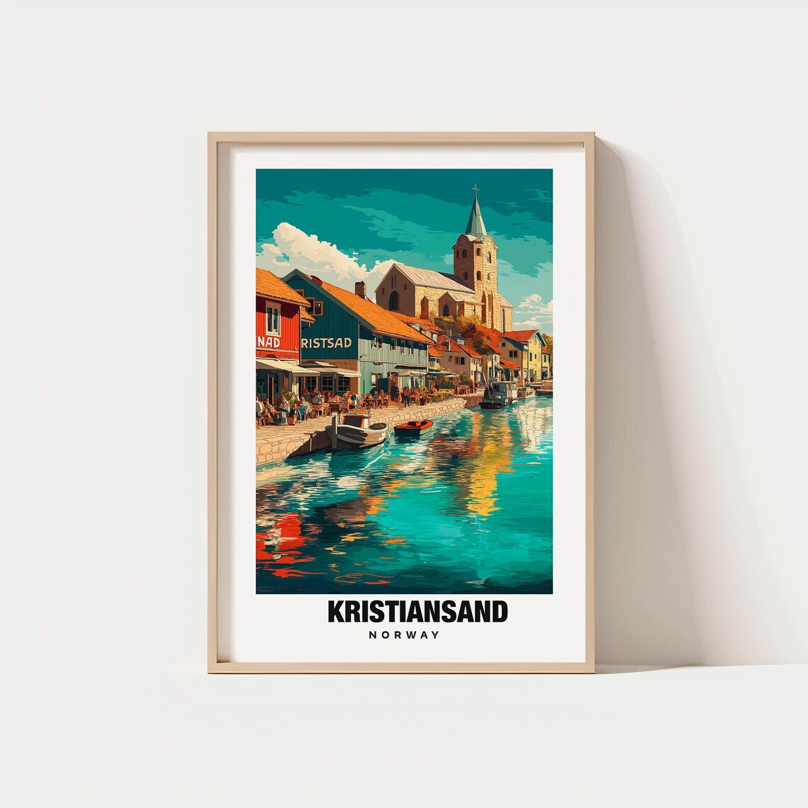 Kristiansand Norway Harbor Church Waterfront Vintage Travel Poster