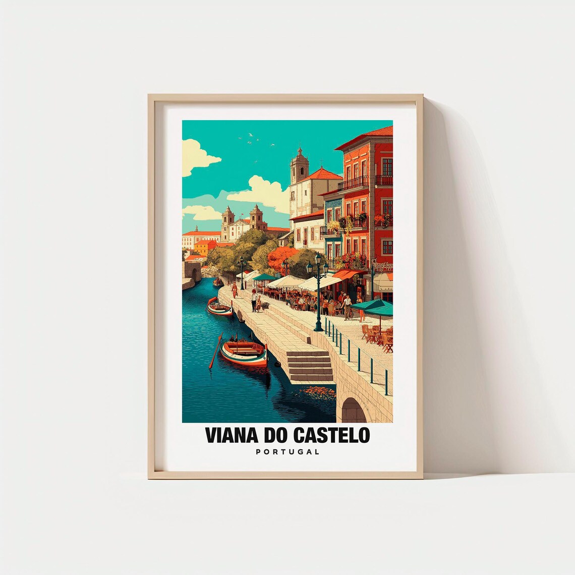 Viana do Castelo Portugal River Waterfront with Boats and Cafes Poster