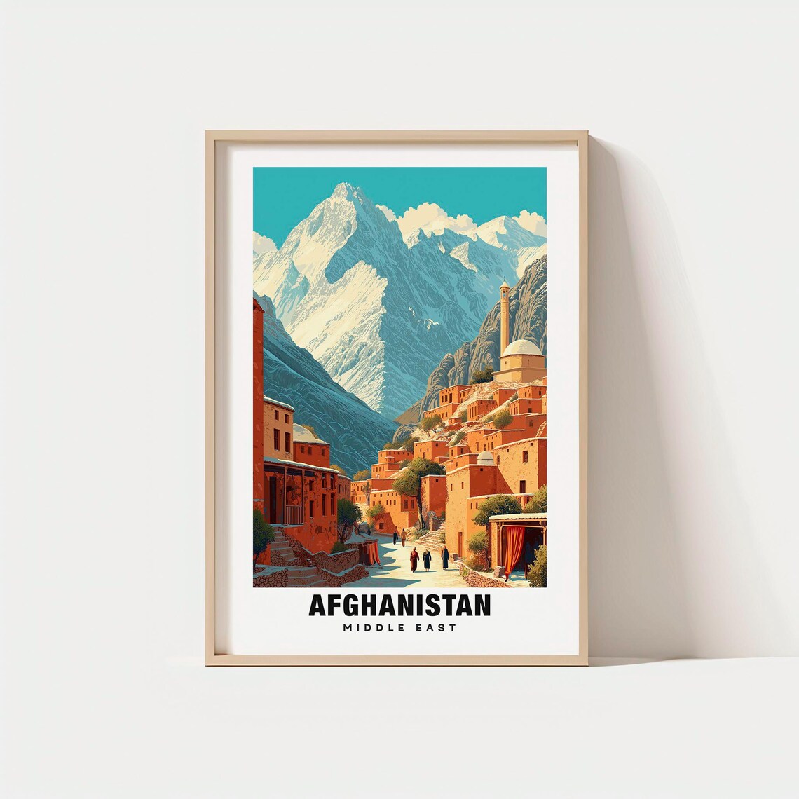 Afghanistan Mountain Village Mosque Snow Peaks Vintage Travel Poster
