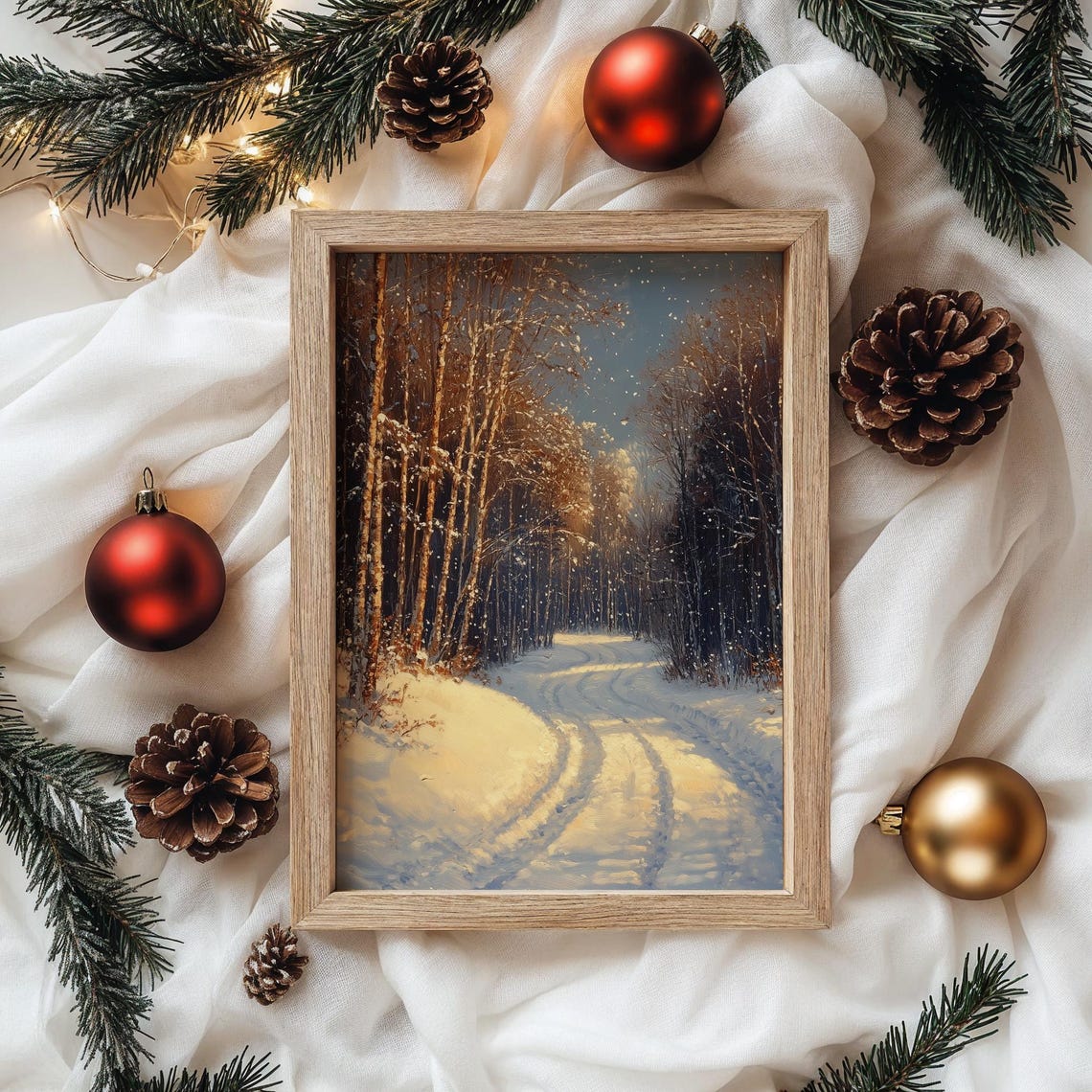 Sunlit Snowy Birch Forest Road in Golden Winter Light Poster - Image 4