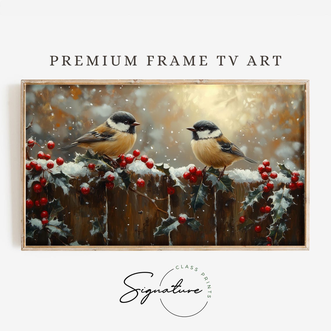 Two Chickadees On Snowy Fence With Holly Berries Winter Bird Poster