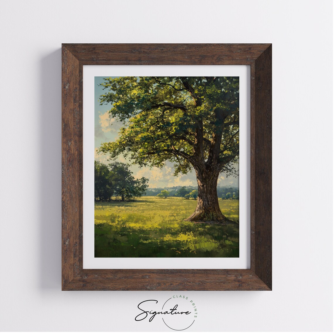 Majestic Oak Tree Sunlit Meadow Summer Shade Green Landscape Oil Poster - Image 4