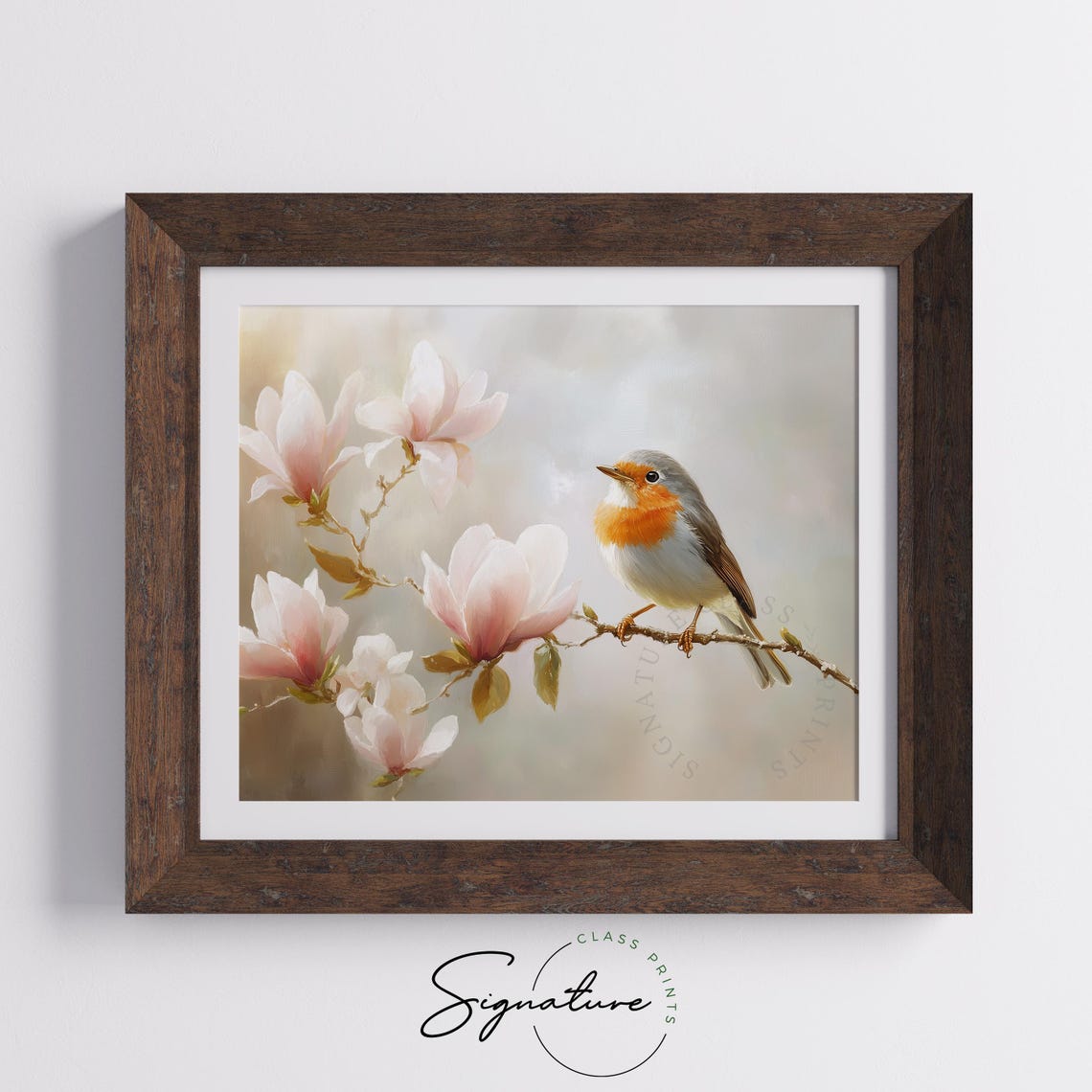 Robin Perched On Magnolia Branch With Soft Pink Blooms Wall Art - Image 5