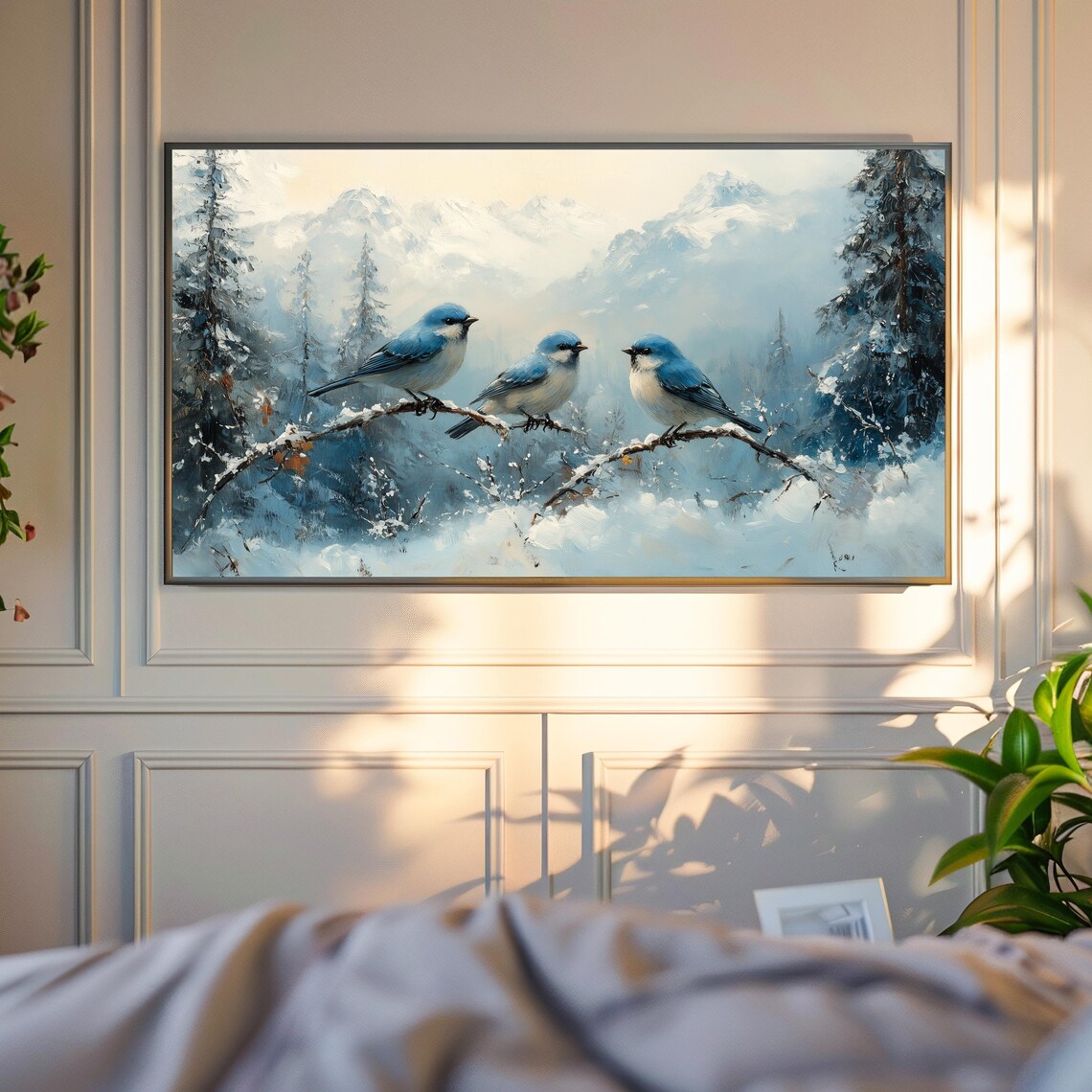 Bluebirds On Snowy Branch Winter Mountain Landscape Scene Poster - Image 4