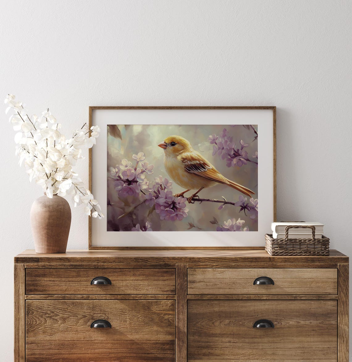 Yellow Canary Among Purple Lilac Blossoms Pastel Spring Poster - Image 2