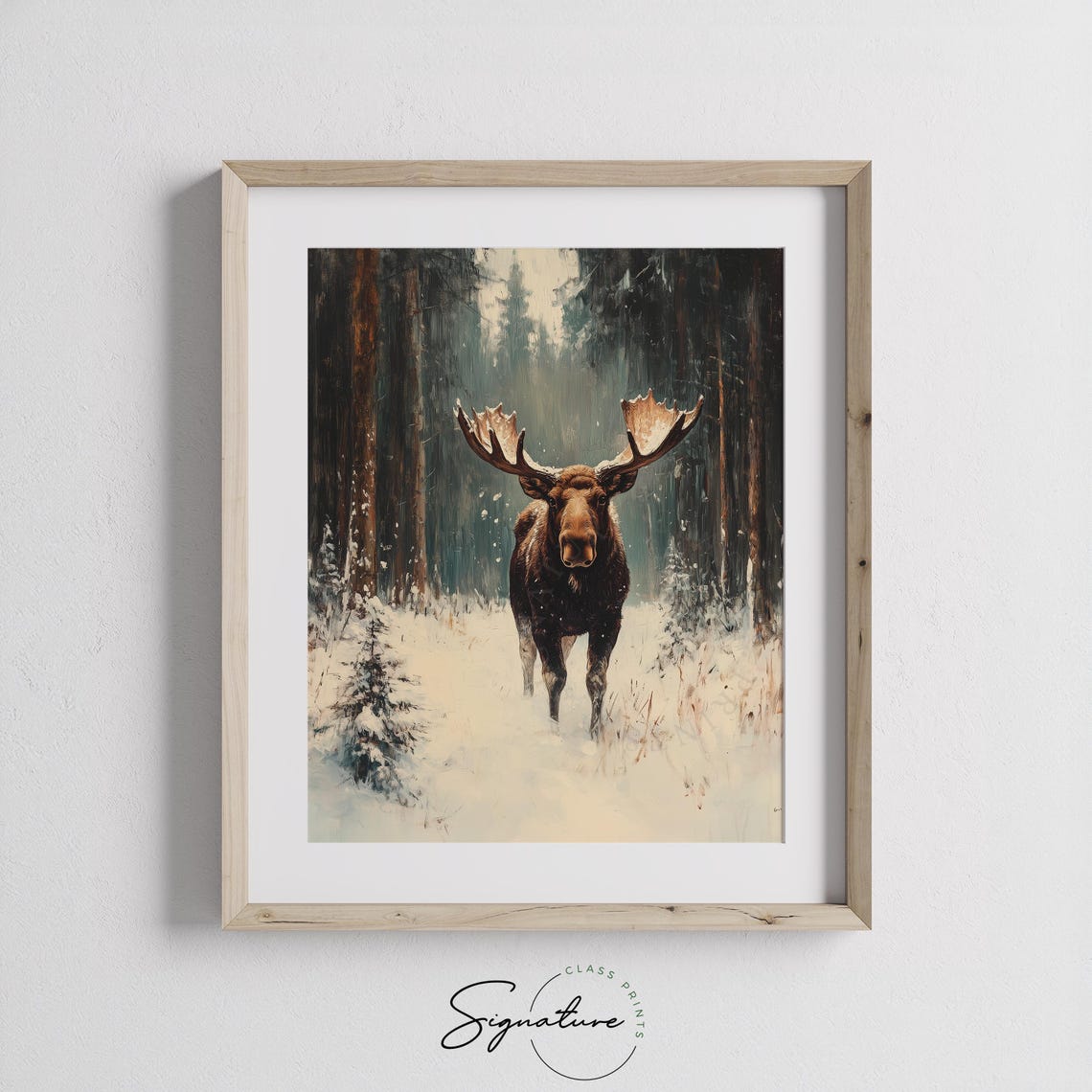 Majestic Moose in Snowy Forest Winter Wildlife Oil Painting Print - Image 2