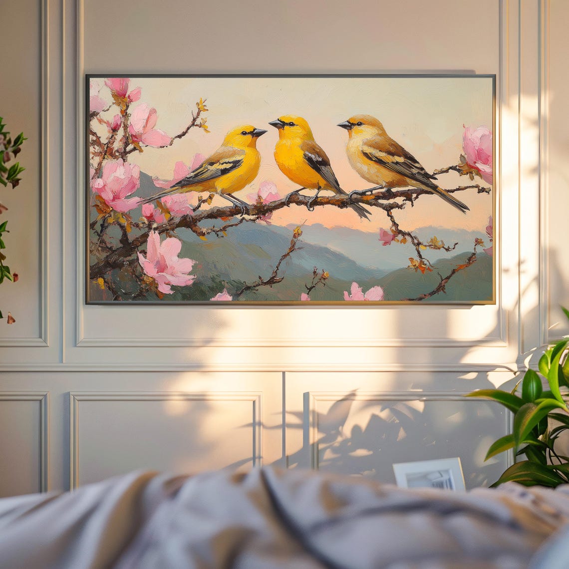 Goldfinches On Cherry Blossom Branch Glowing Mountain Sunset Poster - Image 4