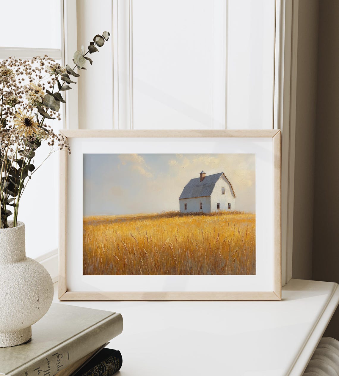 White Barn Wheat Field Golden Sky Autumn Farmhouse Landscape Wall Art - Image 6