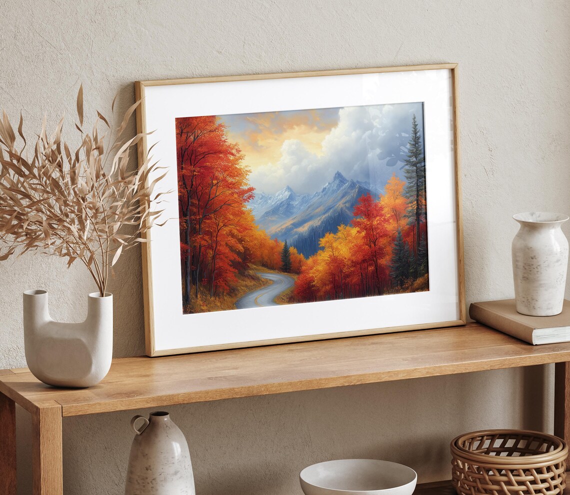 Winding Road Snowy Peaks Blazing Autumn Trees Oil Painting Poster - Image 4