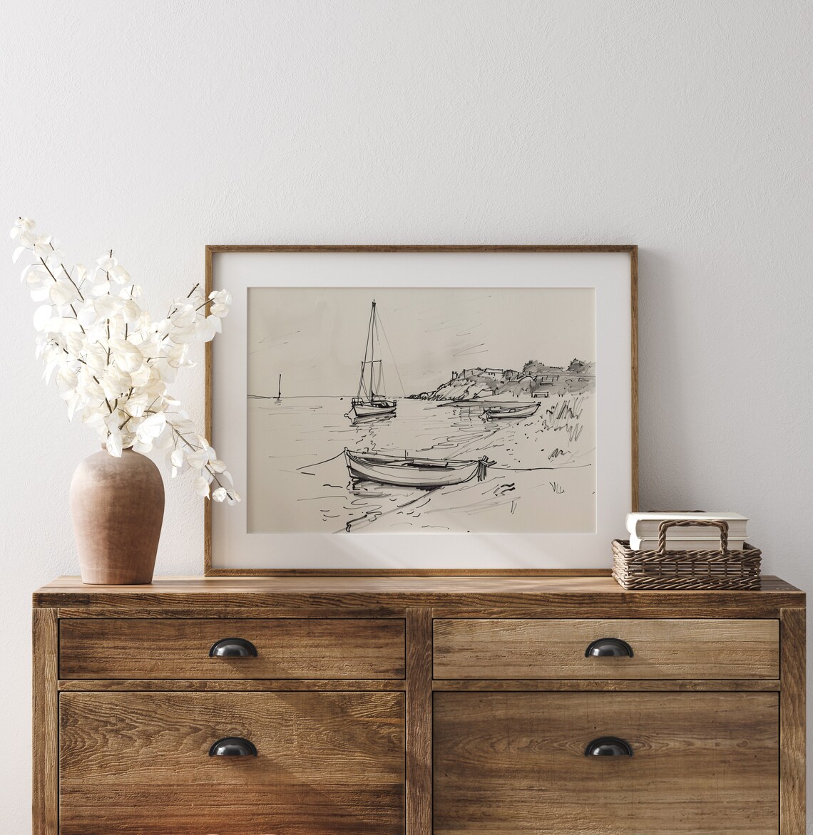 Quiet Cove Sailboats Drifting Boats Ink Line Coastal Sketch Poster - Image 3
