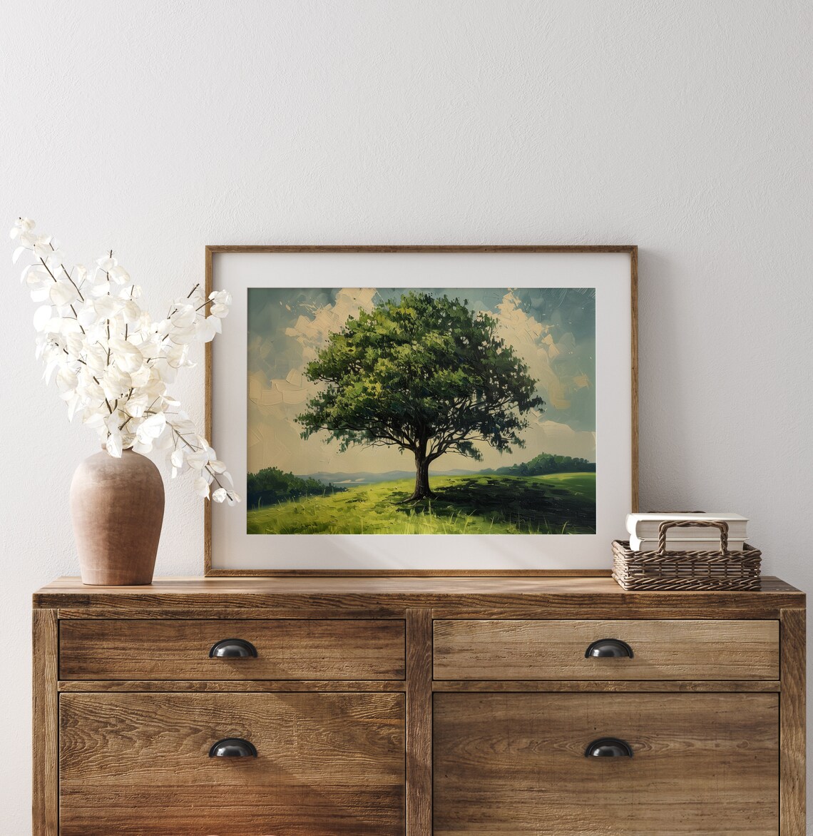 Lone Oak Tree In Lush Green Summer Meadow Impressionist Oil Poster - Image 3