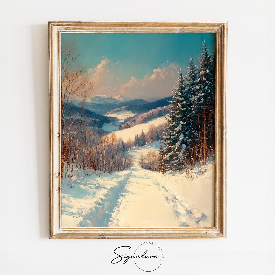 Snowy Evergreen Valley under Teal Sky with Winding Trail Poster