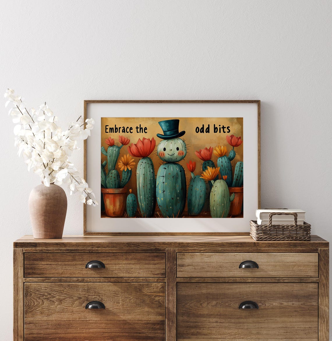 Embrace The Odd Bits Quote Smiling Cactus In Top Hat Quirky Art Poster - Image 2