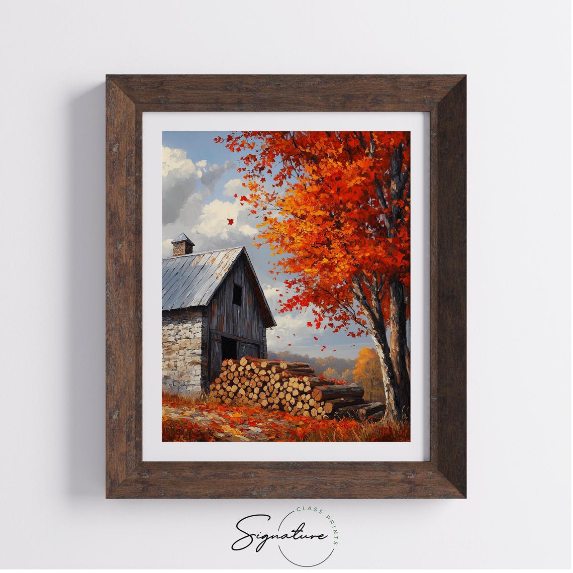 Stone Barn With Stacked Firewood Under Blazing Red Autumn Tree Poster - Image 4