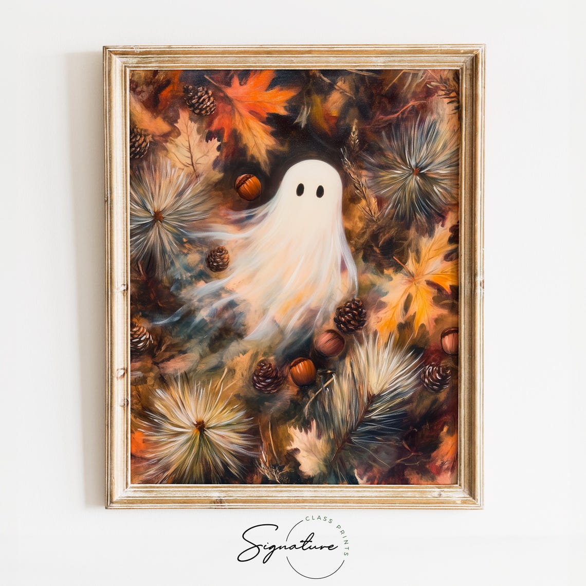 Cute Ghost Floating Through Vibrant Fall Leaves and Pinecones Poster