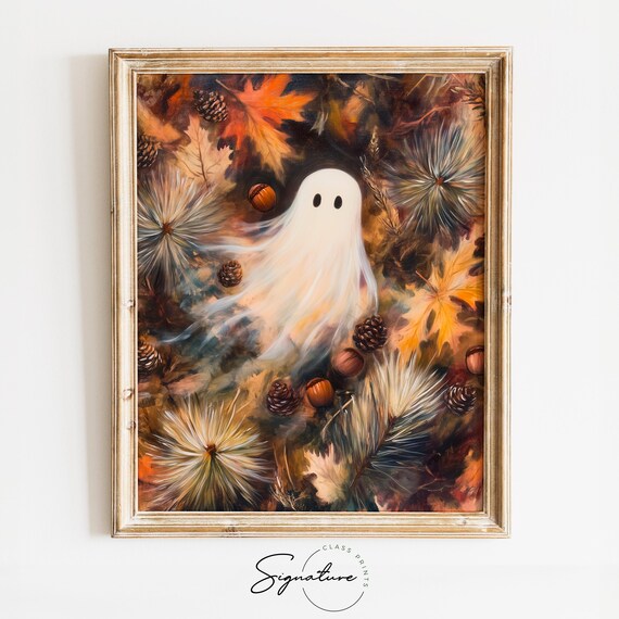 Cute Ghost Floating Through Vibrant Fall Leaves and Pinecones Poster