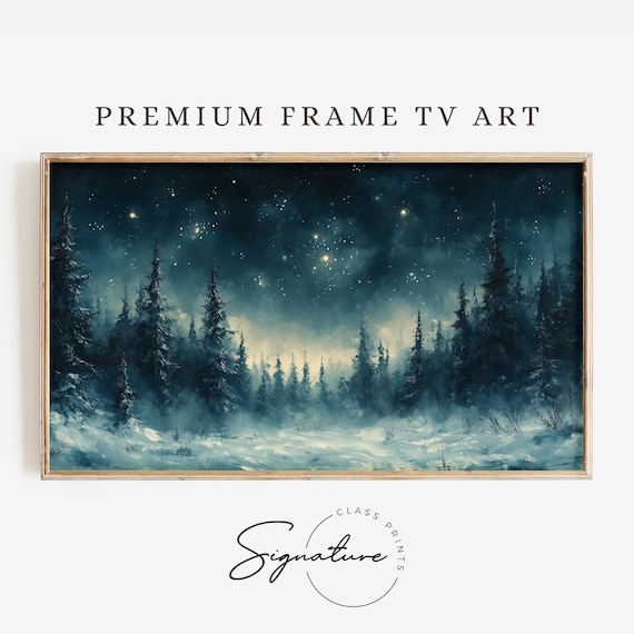 Snowy Winter Forest Under Stars Tv Art Painting Frame Tv Art Cozy Landscape Wall Decor Deep Colors Rustic Moody 3401