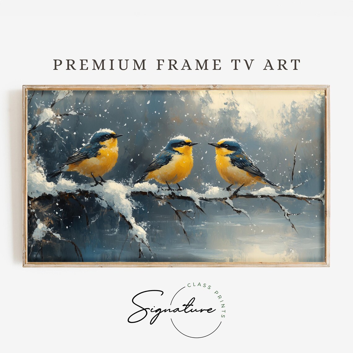 Goldcrest Trio On Snowy Branch In Falling Snow Dark Winter Art Poster