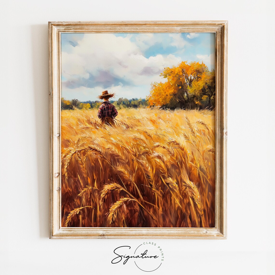 Lone Farmer Walking Through a Golden Wheat Field at Harvest Poster