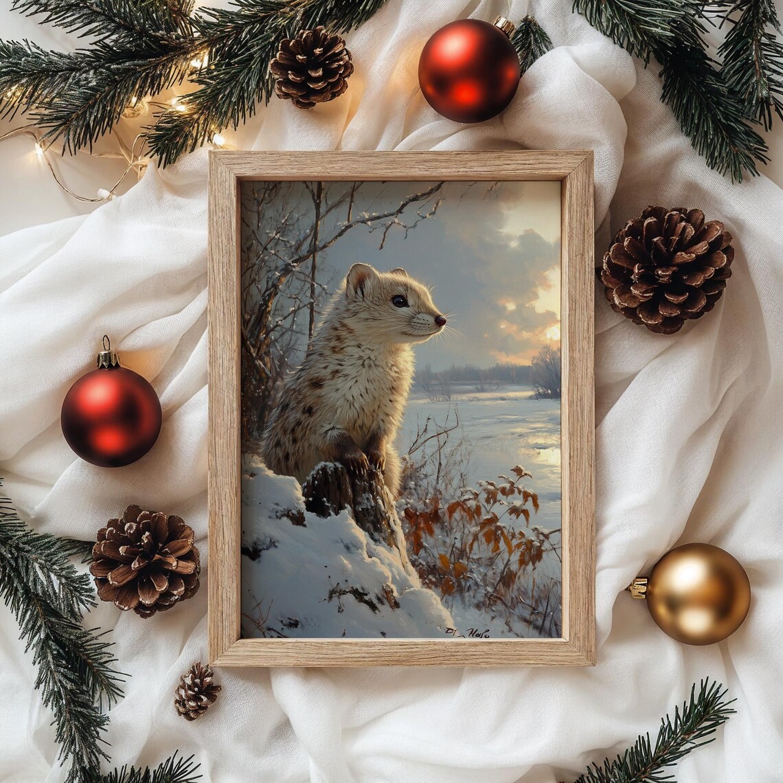 Ermine White Winter Weasel Sunset Frozen River Wildlife Painting Poster - Image 4