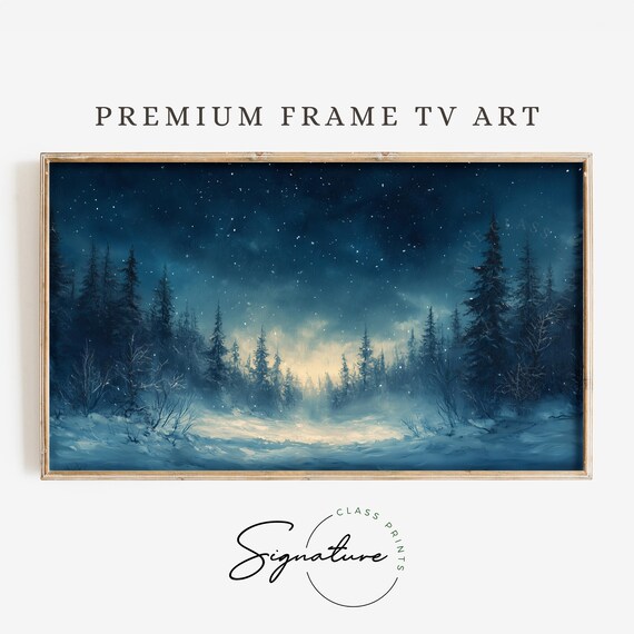 Starry Winter Forest Tv Art Landscape Painting Frame Tv Art Moody Nature Scene Deep Colors Rustic Wall Decor 3399