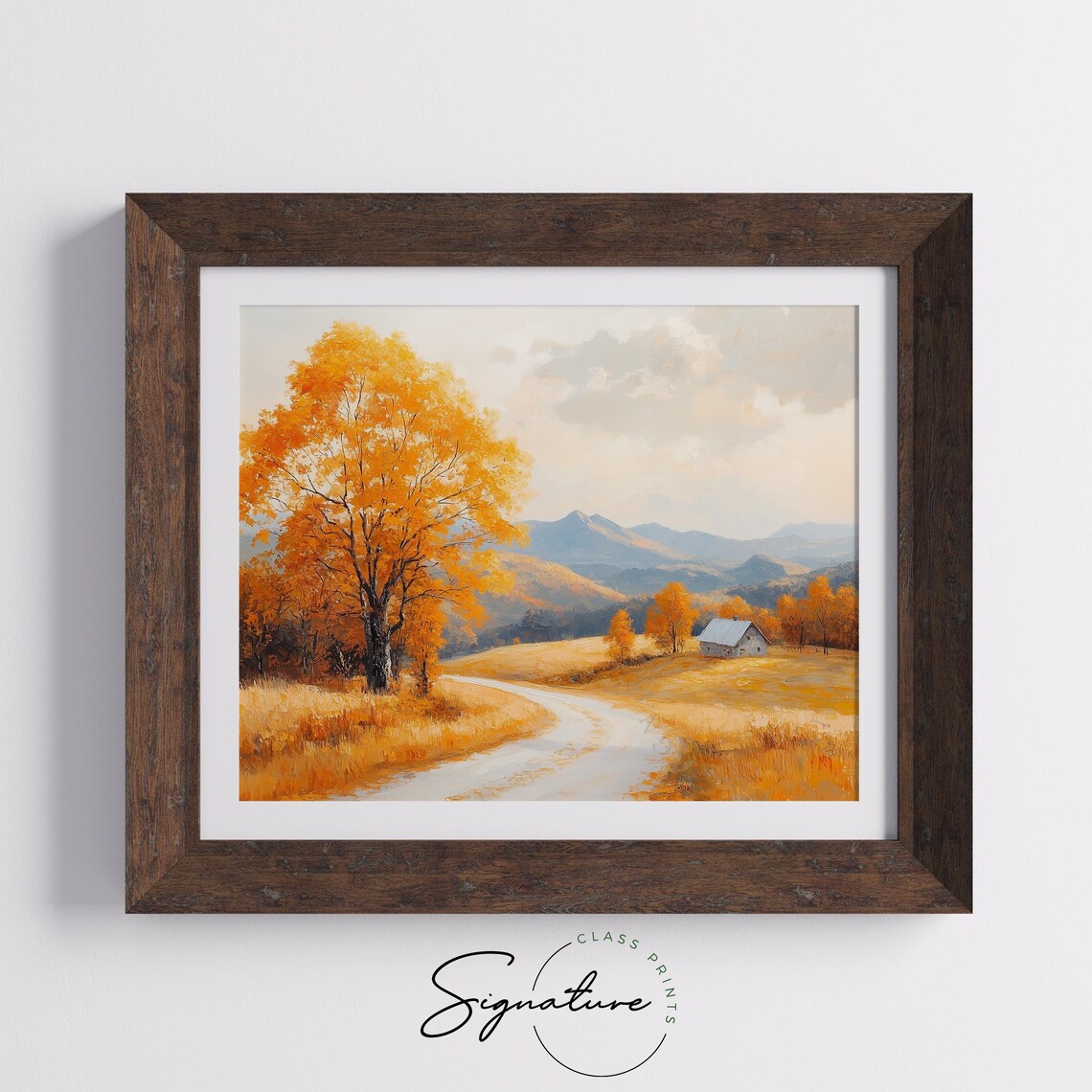 Golden Tree Country Road White Barn Oil Painting Autumn Poster - Image 5