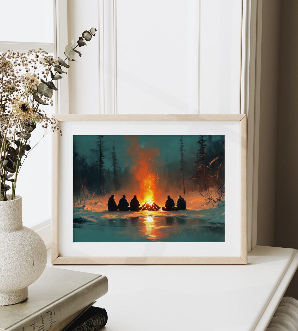 Friends Around Campfire At Night In Snowy Woods Winter Poster - Image 6