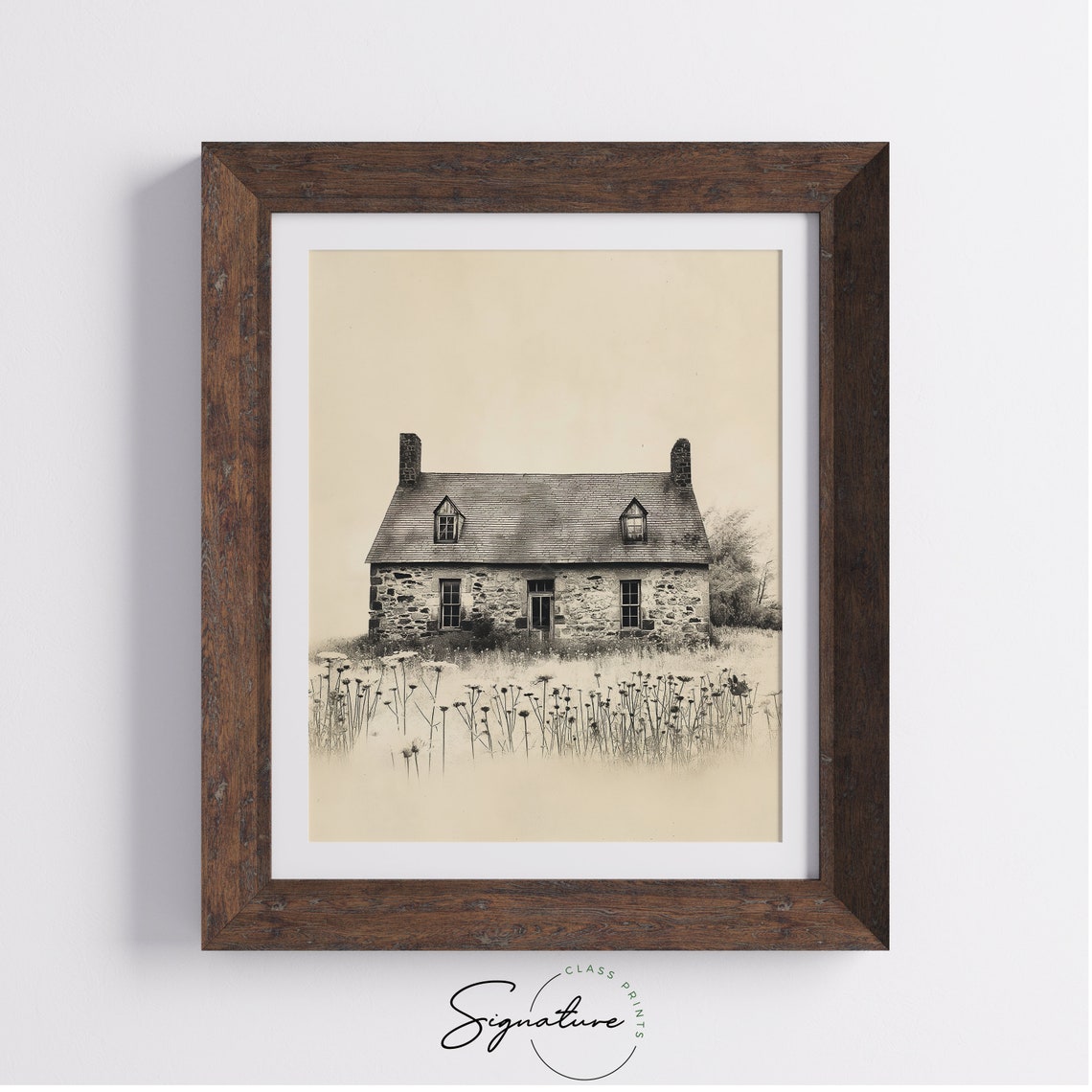 Old Stone Cottage In Wildflower Field Rustic Farmhouse Sketch Poster - Image 4
