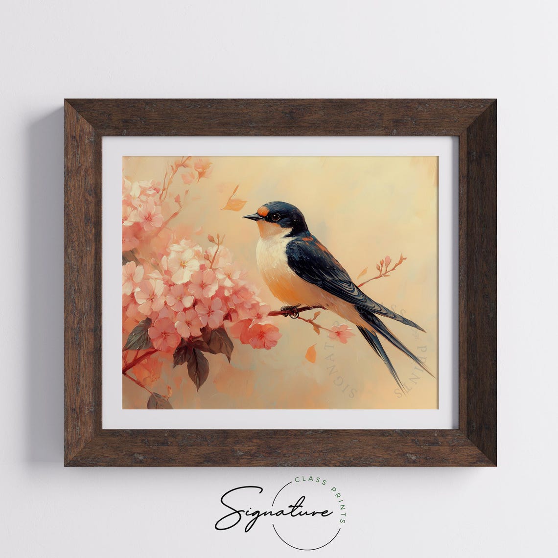 Barn Swallow On Cherry Blossom Branch Warm Peachy Tones Poster - Image 3